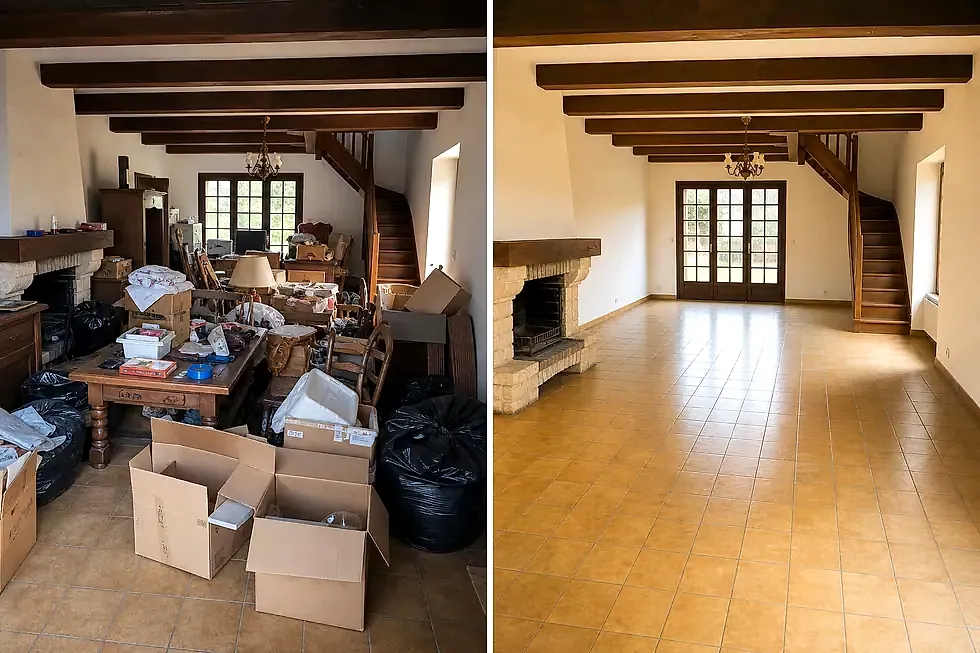 Avant après débarras maison Haut-Rhin avec remise au propre logement